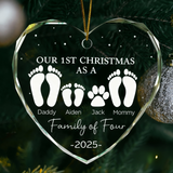 First Christmas As A Family Of Four Footprints - Personalized Heart Shaped Glass Ornament